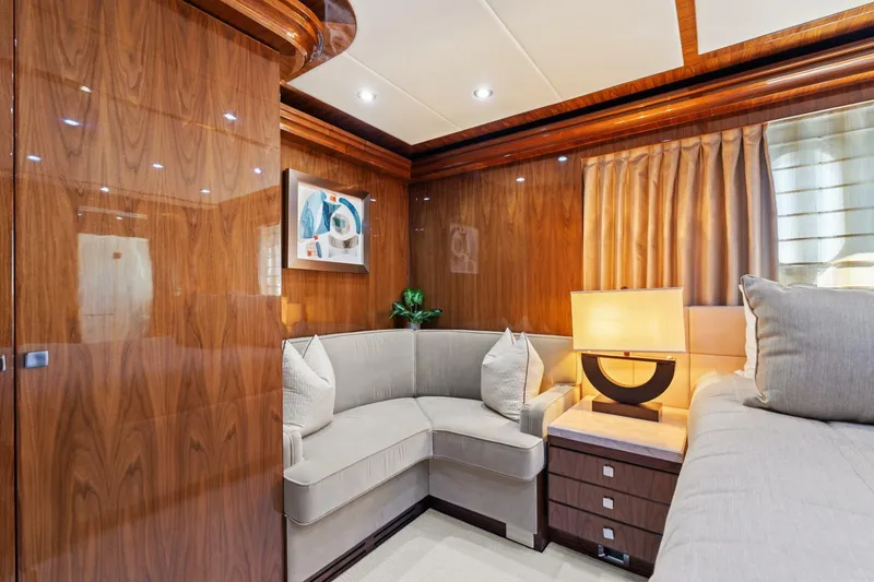 Slide: The Image of Luxurious interior of 2013 Hargrave 125 Raised Pilothouse yacht with elegant wood paneling. - 41