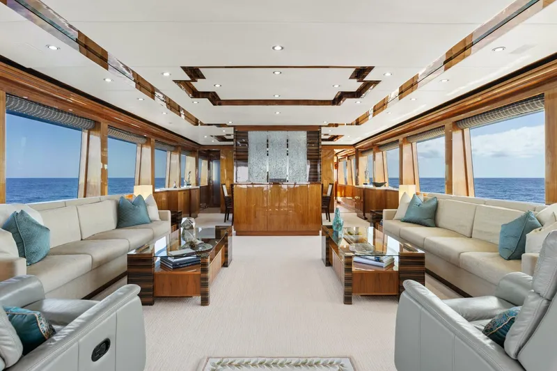 Slide: The Image of Luxurious interior of 2013 Hargrave 125 Raised Pilothouse yacht with elegant seating and ocean views. - 6