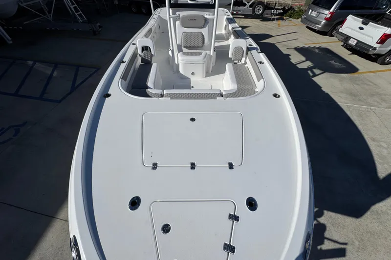 Slide: The Image of 2026 Caymas 281 HB boat, top view, showcasing spacious deck and seating arrangement. - 23
