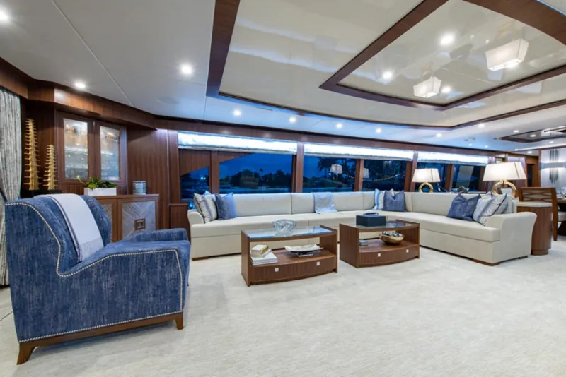 Slide: The Image of Luxurious interior of 2020 Hargrave G120 yacht with modern furnishings and ambient lighting. - 3
