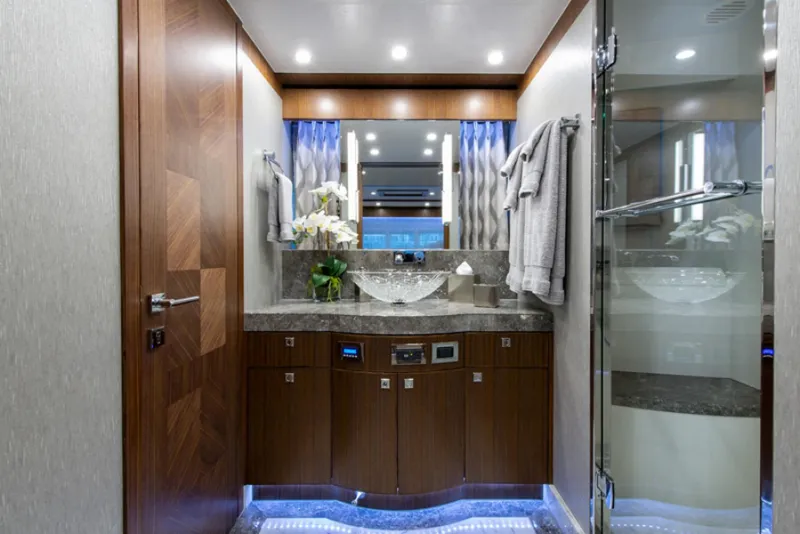 Slide: The Image of Luxurious bathroom in a 2020 Hargrave G120 yacht with modern fixtures and elegant design. - 40