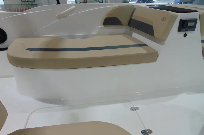 Slide: The Image of 2026 Hurricane SunDeck Sport 185 OB boat seating, beige and black upholstery, modern design. - 10
