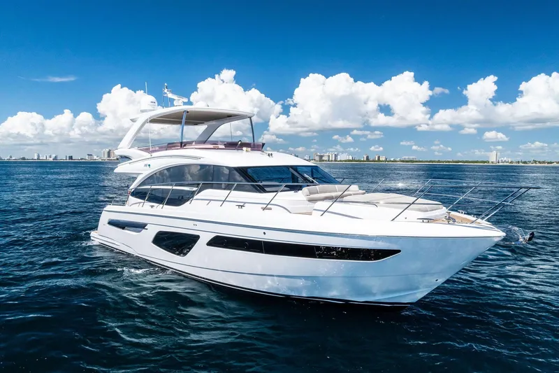 The Image of 2022 Princess 55 Flybridge yacht cruising on open water under a clear blue sky. - 0