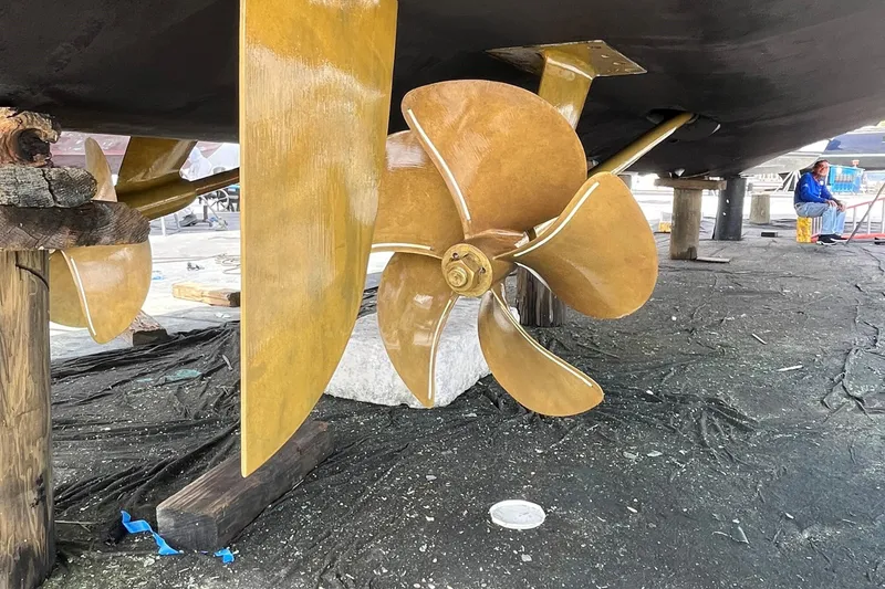 Slide: The Image of Propeller and rudder of 2022 Princess 55 Flybridge yacht in dry dock. - 107