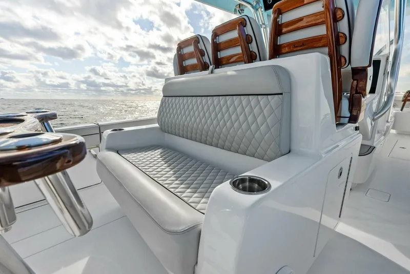 Slide: The Image of Luxurious seating on 2021 Valhalla Boatworks V-37, featuring quilted upholstery and ocean view. - 24