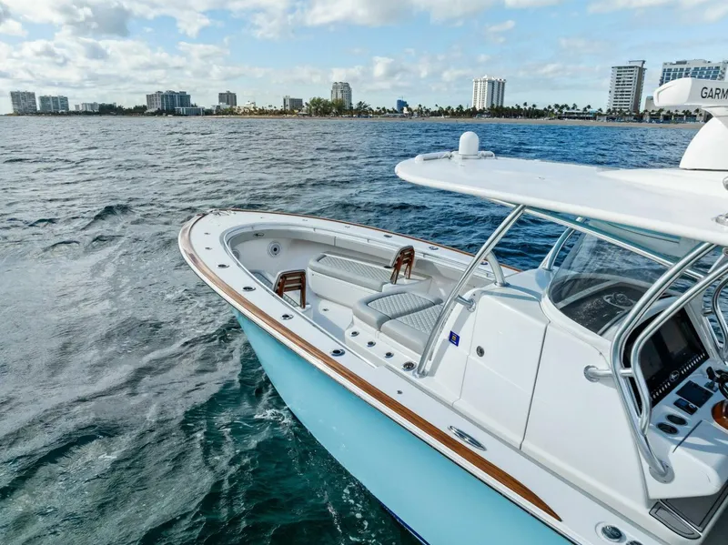 Slide: The Image of 2021 Valhalla Boatworks V-37 on open water, showcasing sleek design and modern features. - 35