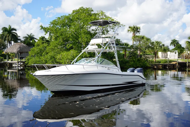Slide: The Image of 2008 Hydra-Sports Vector 2900 VX boat on a calm river, surrounded by lush greenery. - 1