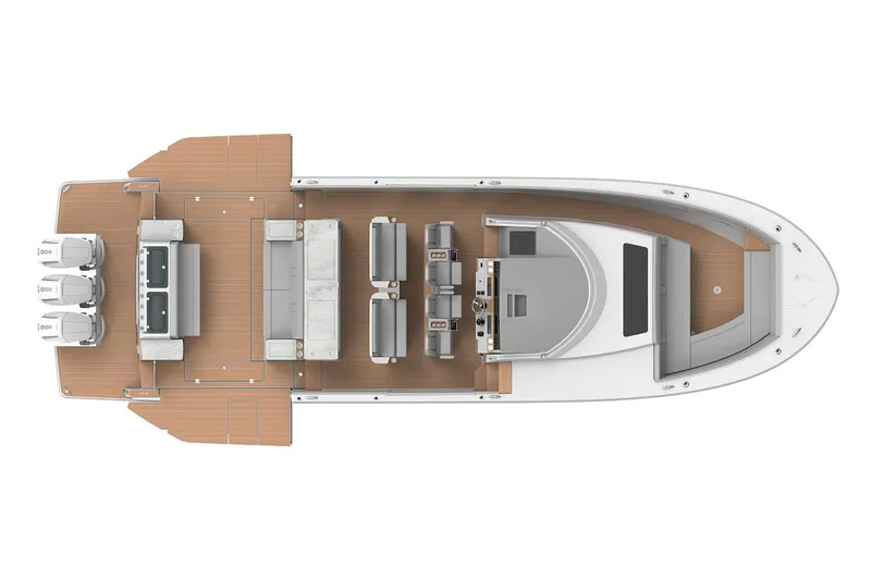 Slide: The Image of Manufacturer Provided Image: Top view of 2026 Regal 50 SAV boat layout with triple engines. - 14