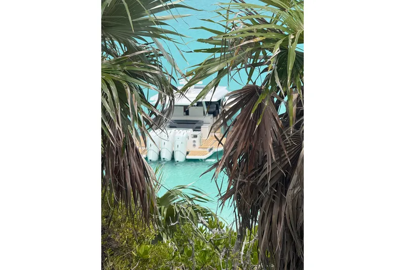 Slide: The Image of 2026 Regal 50 SAV yacht in turquoise water, framed by lush palm leaves. - 32
