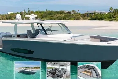 Slide: The Image of 2026 Regal 50 SAV luxury yacht on turquoise water near a sandy beach. - 41