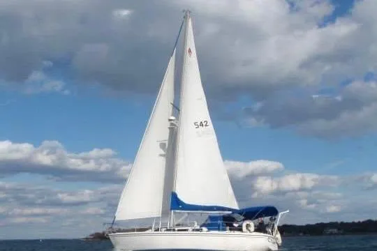 The Image of 1985 Catalina 36 sailboat with white sails on open water under a cloudy sky. - 0