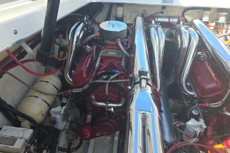 Slide: The Image of Engine compartment of a 1992 Fountain boat with polished chrome components. - 7