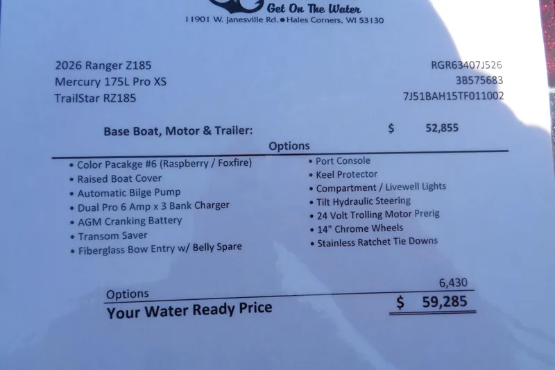 Slide: The Image of 2026 Ranger Z185 boat features and pricing details with optional upgrades. - 19
