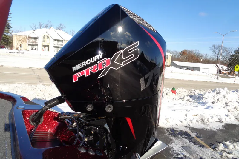 Slide: The Image of Mercury Pro XS engine on 2026 Ranger Z185 boat, snowy background. - 4