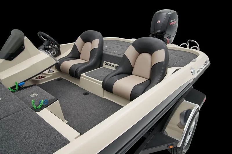 Slide: The Image of Manufacturer Provided Image: 2026 Ranger Z185 boat interior with dual seats and motor, showcasing sleek design. - 57