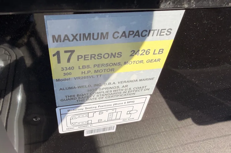 Slide: The Image of 2026 Veranda Relax VR 265 VL capacity label, 17 persons, 2426 lbs, 300 HP motor. - 14