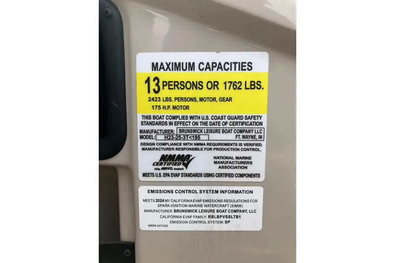 Slide: The Image of 2024 Harris HCX23 boat capacity label: 13 persons or 1762 lbs, 175 HP motor. - 8