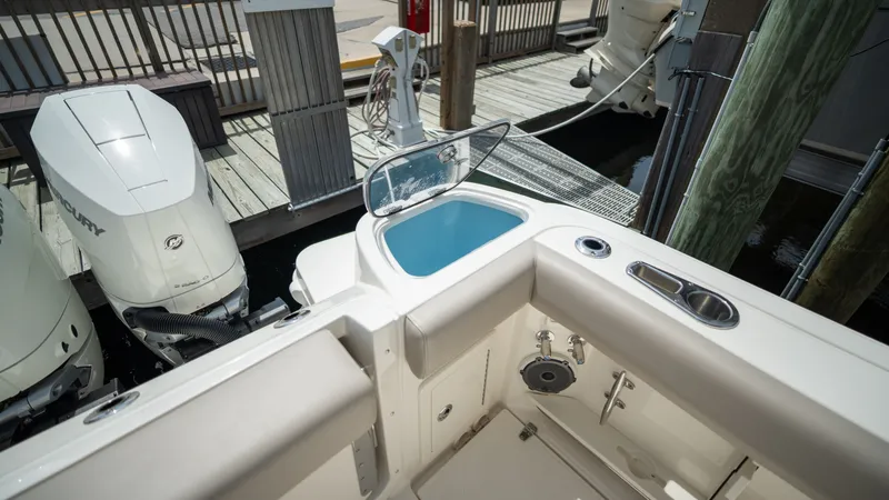 Slide: The Image of Boston Whaler 365 Conquest 2026 with Mercury engines at dock. - 45