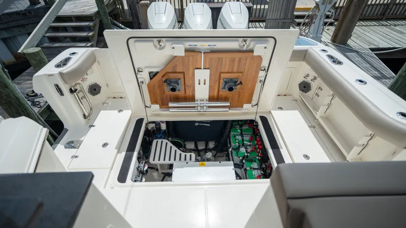 Slide: The Image of Interior view of Boston Whaler 365 Conquest 2026 engine compartment. - 46
