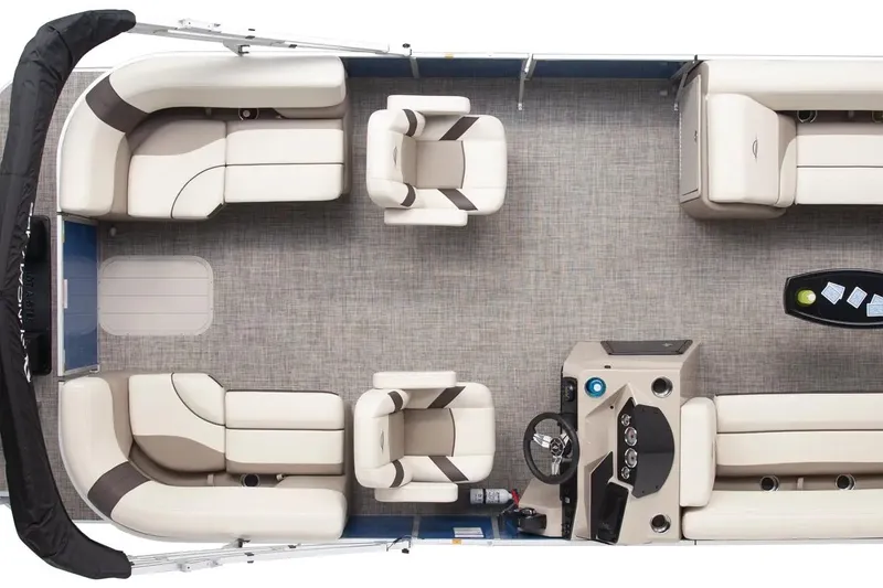 Slide: The Image of 2026 SunCatcher Select 20RC pontoon boat interior with plush seating and modern helm. - 13