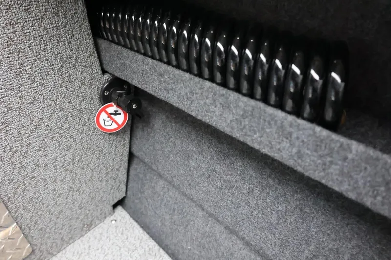 Slide: The Image of Interior detail of 2026 Thunder Jet 185 Luxor boat with coiled cable and warning sign. - 35