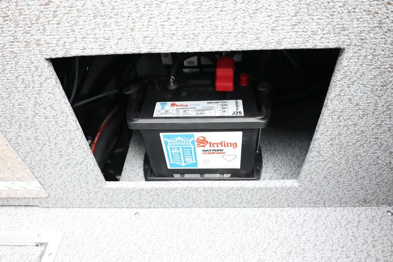Slide: The Image of Battery compartment of 2026 Thunder Jet 185 Luxor boat, featuring Sterling battery. - 36