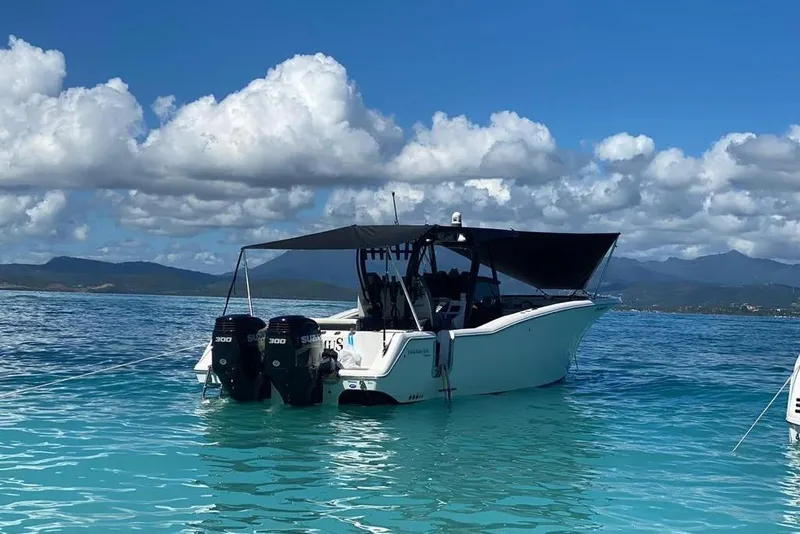 The Image of 2020 Tidewater 320 CC Adventure boat anchored in clear blue water under a sunny sky. - 1