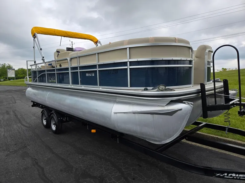 Slide: The Image of 2014 Lowe SS230 Super Sport pontoon boat on trailer, featuring a yellow canopy. - 5