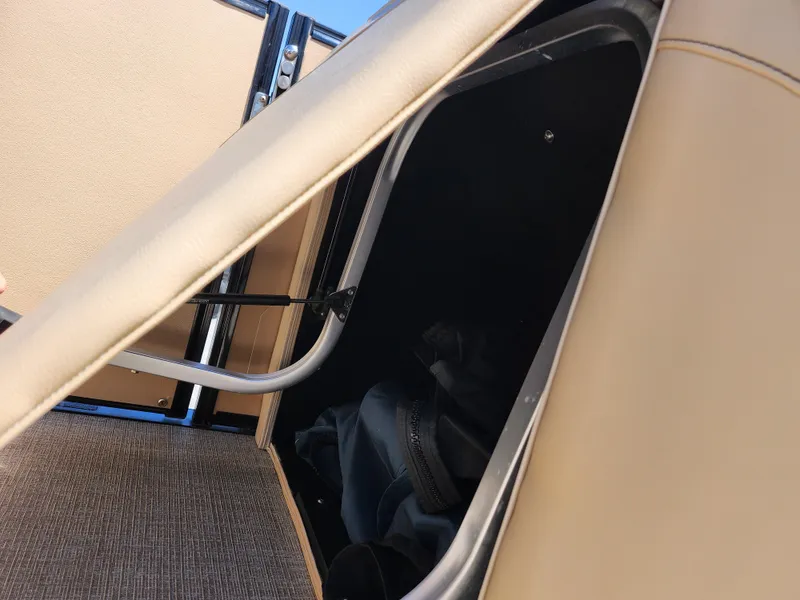 Slide: The Image of Interior view of 2021 Avalon Catalina Platinum Entertainer Funship, showcasing seating and storage. - 28