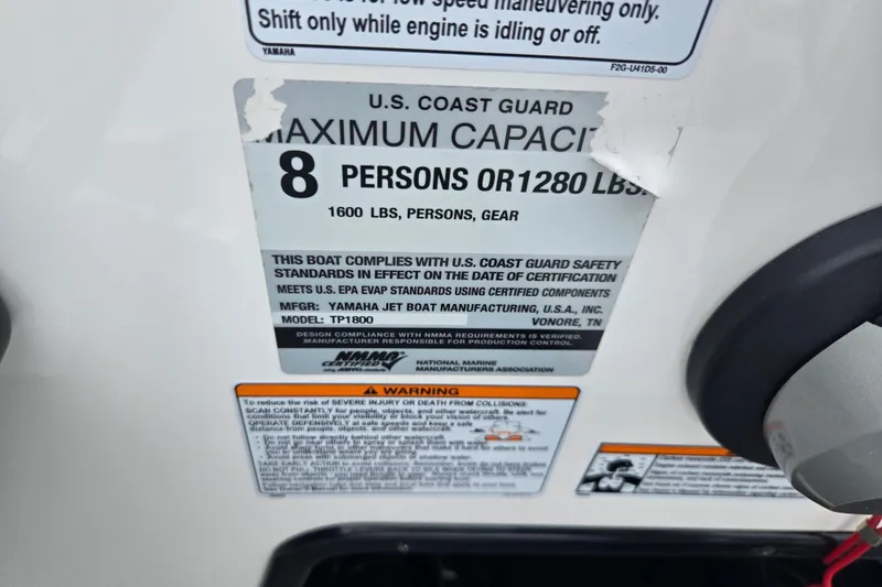 Slide: The Image of 2019 Yamaha AR195 capacity label, U.S. Coast Guard compliant, max 8 persons or 1280 lbs. - 14