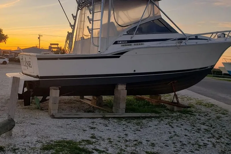 The Image of 1995 Blackfin 31 Combi boat on blocks at sunset, showcasing sleek design. - 1