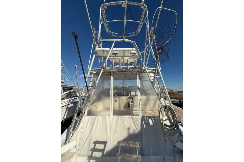 Slide: The Image of 1995 Blackfin 31 Combi boat with tower and netting under clear blue sky. - 10