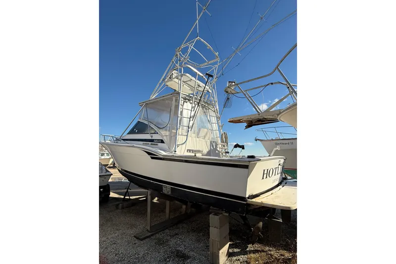 Slide: The Image of 1995 Blackfin 31 Combi boat on dry dock under clear blue sky. - 6
