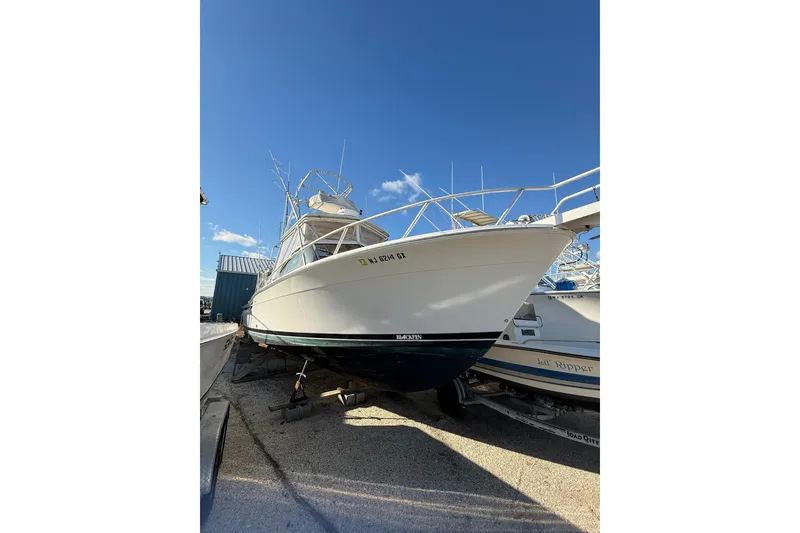 Slide: The Image of 1995 Blackfin 31 Combi boat on dry dock under clear blue sky. - 7