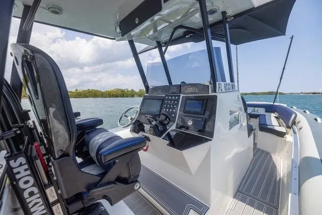 Slide: The Image of RIB CVL Colt 35 boat on open sea, 2018 model, with city skyline in background. - 9