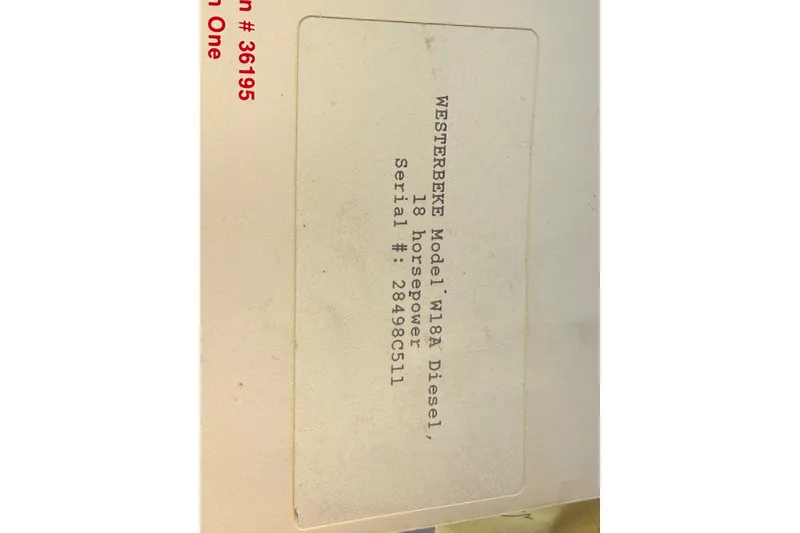Slide: The Image of Label of Westerbeke W18A Diesel engine, 13 horsepower, serial #28496311, for 1986 Sabre 30 MKIII. - 51