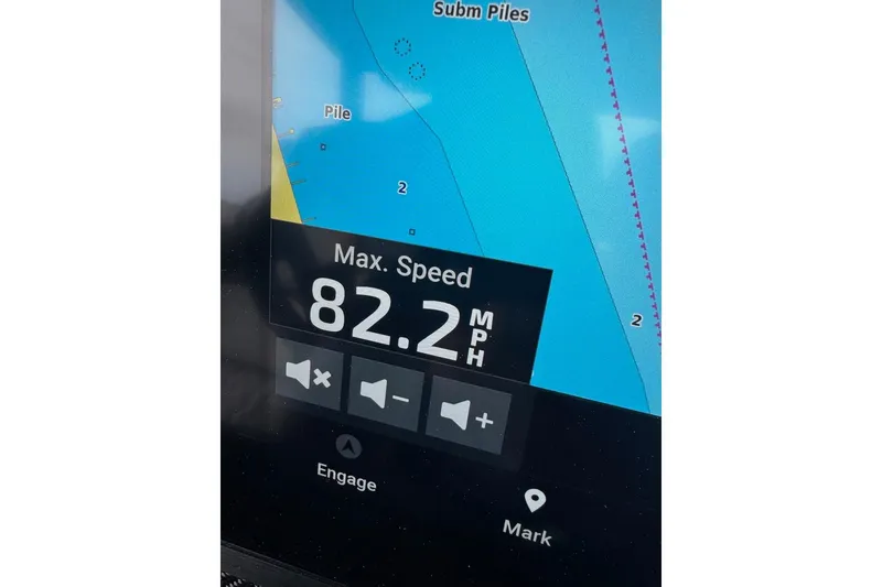 Slide: The Image of Display screen showing max speed of 82.2 MPH on Nor-Tech 390 Sport Center Console, 2025 model. - 30