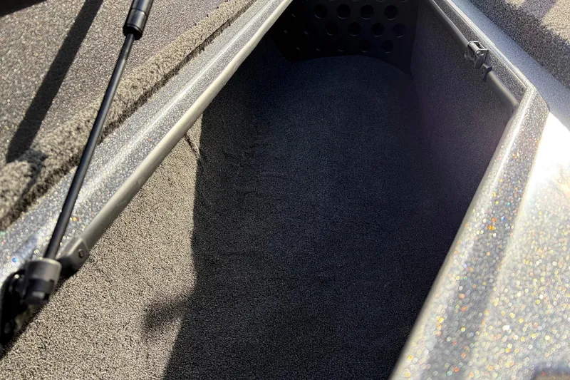 Slide: The Image of 2026 Nitro Z19 XL Pro boat storage compartment with carpeted interior and hydraulic lift support. - 22