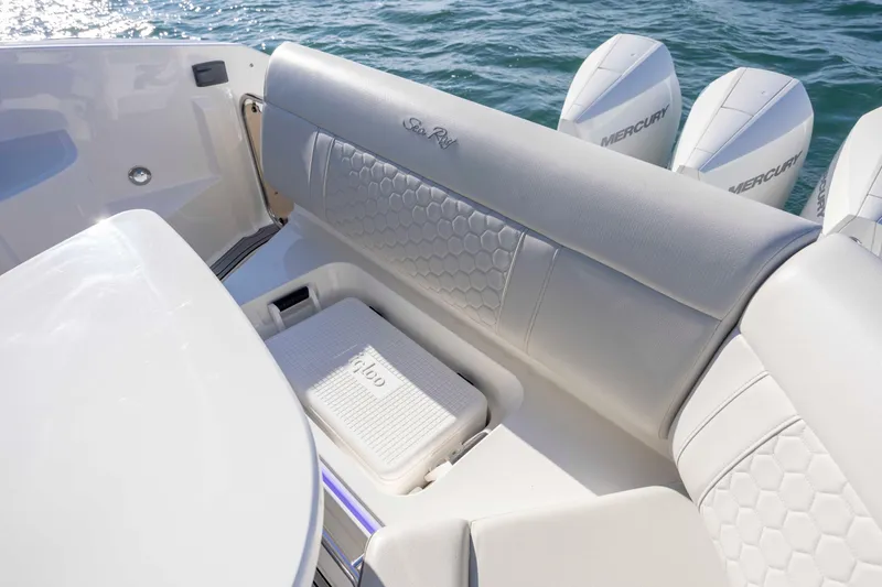 Slide: The Image of 2020 Sea Ray Sundancer 320 Outboard with luxurious seating and Mercury outboard engines. - 22