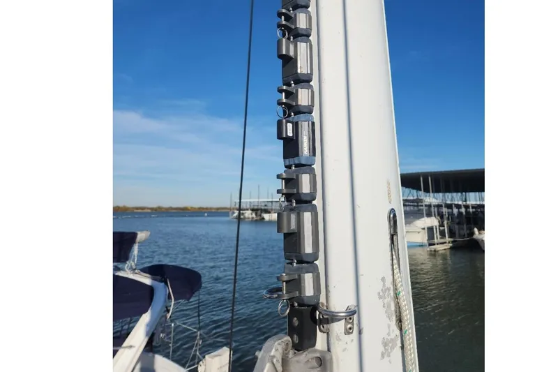 Slide: The Image of Sailboat mast with rigging details, Catalina Morgan 381, 1993, docked at marina. - 4