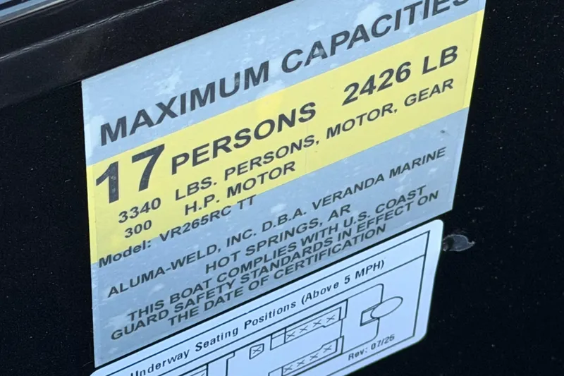 Slide: The Image of 2026 Veranda VR 265 RCP capacity label: 17 persons, 3340 lbs, 300 HP motor. - 14
