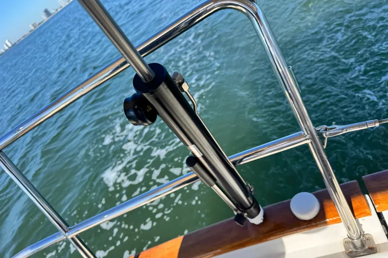 Slide: The Image of Stainless steel railing on a 2013 Tartan 4000 sailboat, overlooking the ocean. - 33