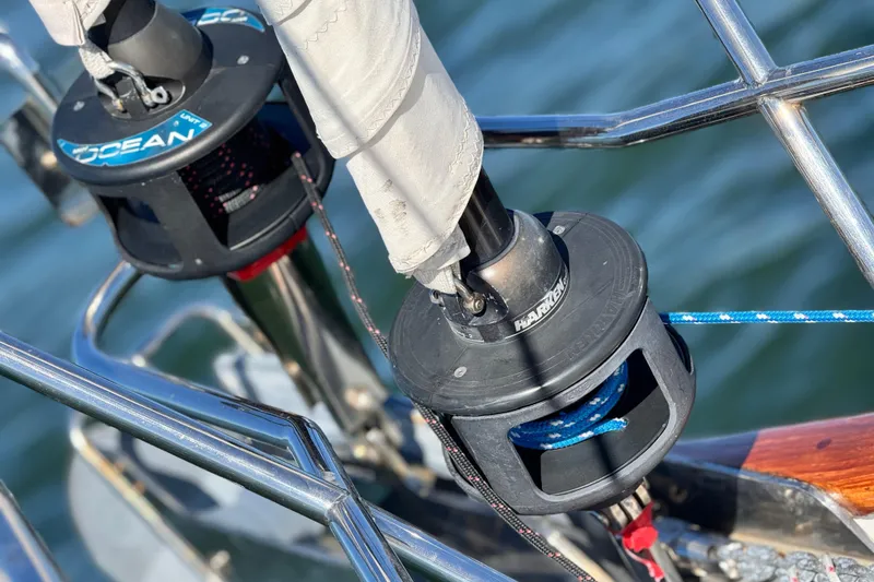Slide: The Image of Close-up of Tartan 4000 sailboat rigging, 2013 model, with ocean backdrop. - 35