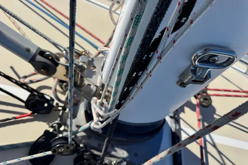 Slide: The Image of Close-up of Tartan 4000 sailboat rigging and ropes, 2013 model. - 39