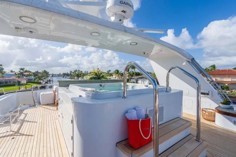 Slide: The Image of Luxurious 1995 Christensen Tri-Deck yacht with hot tub and spacious deck under clear skies. - 34