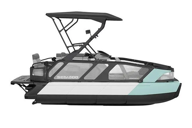 The Image of Manufacturer Provided Image: 2026 Sea-Doo Switch Sport 18 pontoon boat, side view, with modern design and canopy. - 1