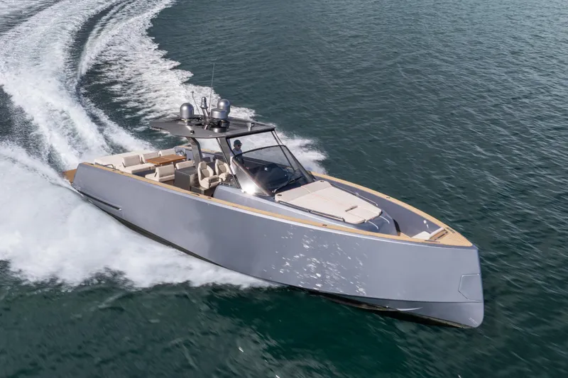 Slide: The Image of 2021 Pardo Yachts 43 cruising on open water, showcasing sleek design and luxury. - 1