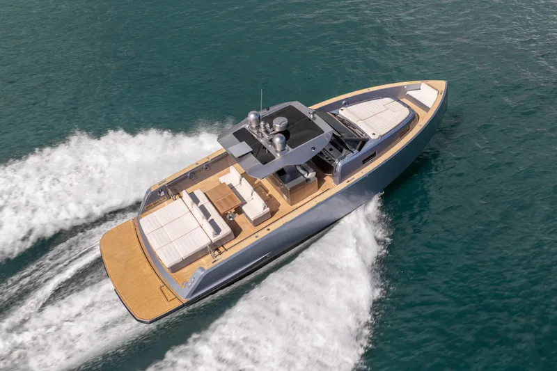 Slide: The Image of 2021 Pardo Yachts 43 cruising on open water, showcasing sleek design and luxury features. - 13