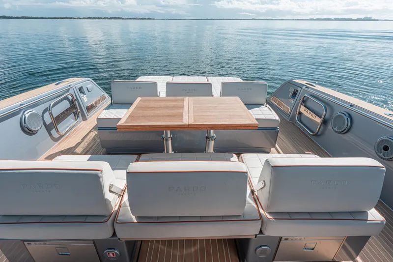 Slide: The Image of Luxury seating area on 2021 Pardo Yachts 43, featuring elegant design and ocean view. - 19