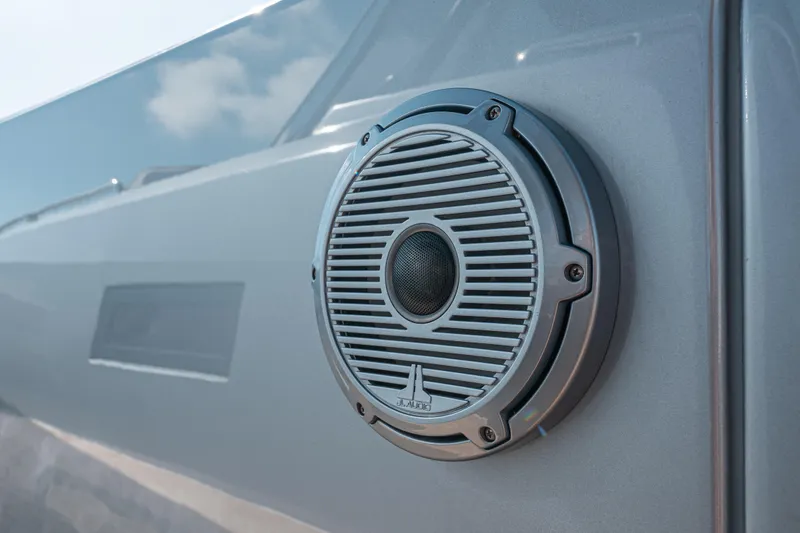 Slide: The Image of Close-up of a speaker on a 2021 Pardo Yachts 43 boat exterior. - 28